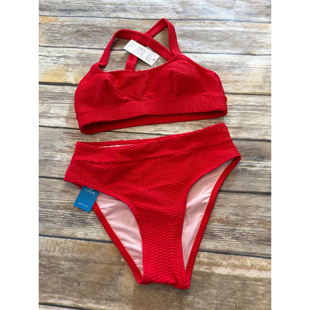 Cupshe XS Red Textured High Waisted Bikini Set Swim Beach Summer Resort Vacation